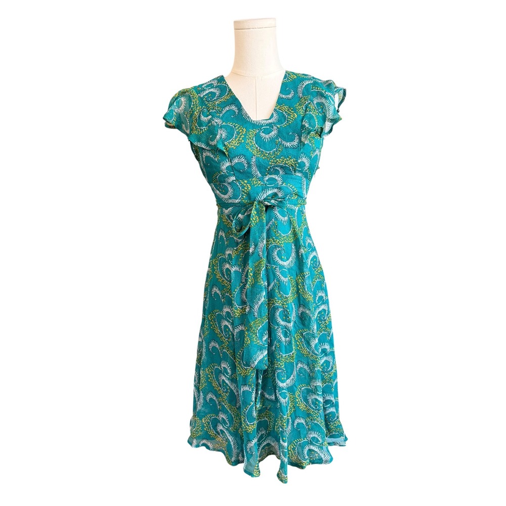 HD in Paris Anthropologie Teal Silk Paisley Flutter Sleeve Dress Size 4P